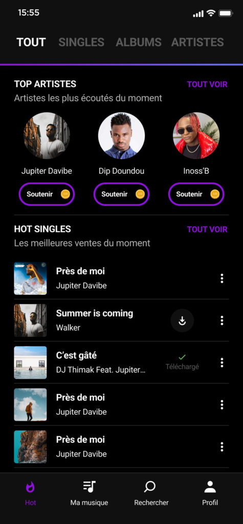 Screenshot of a music streaming mobile app showing the home page