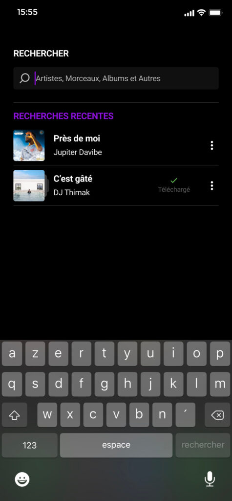 Screenshot of a music streaming mobile app showing the recent searches page