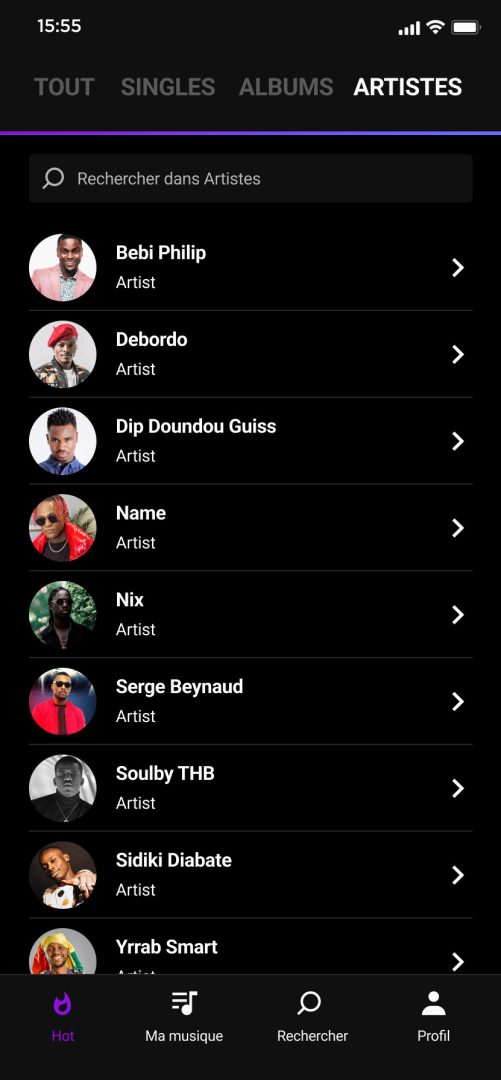 Screenshot of a music streaming mobile app showing the artists page